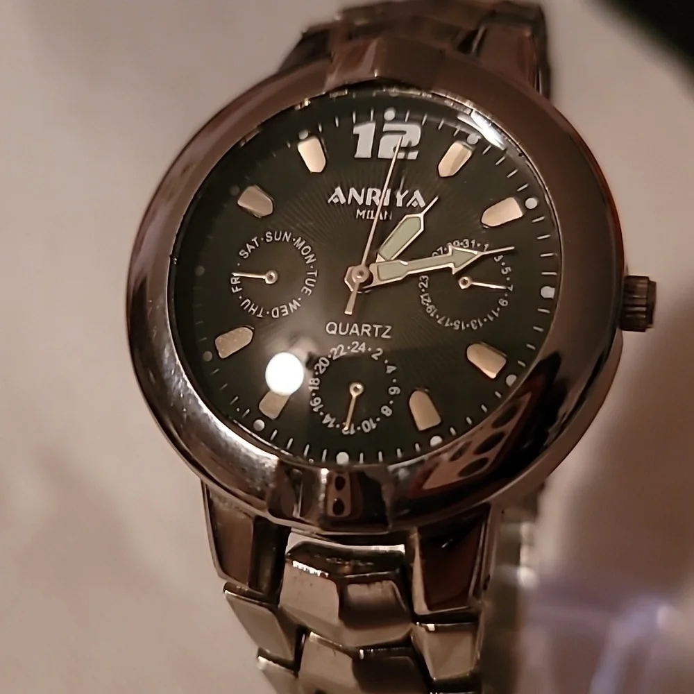 Anrya Milan Mens Silver Watch Black Face 3‎ Decorztove Sub-Dials